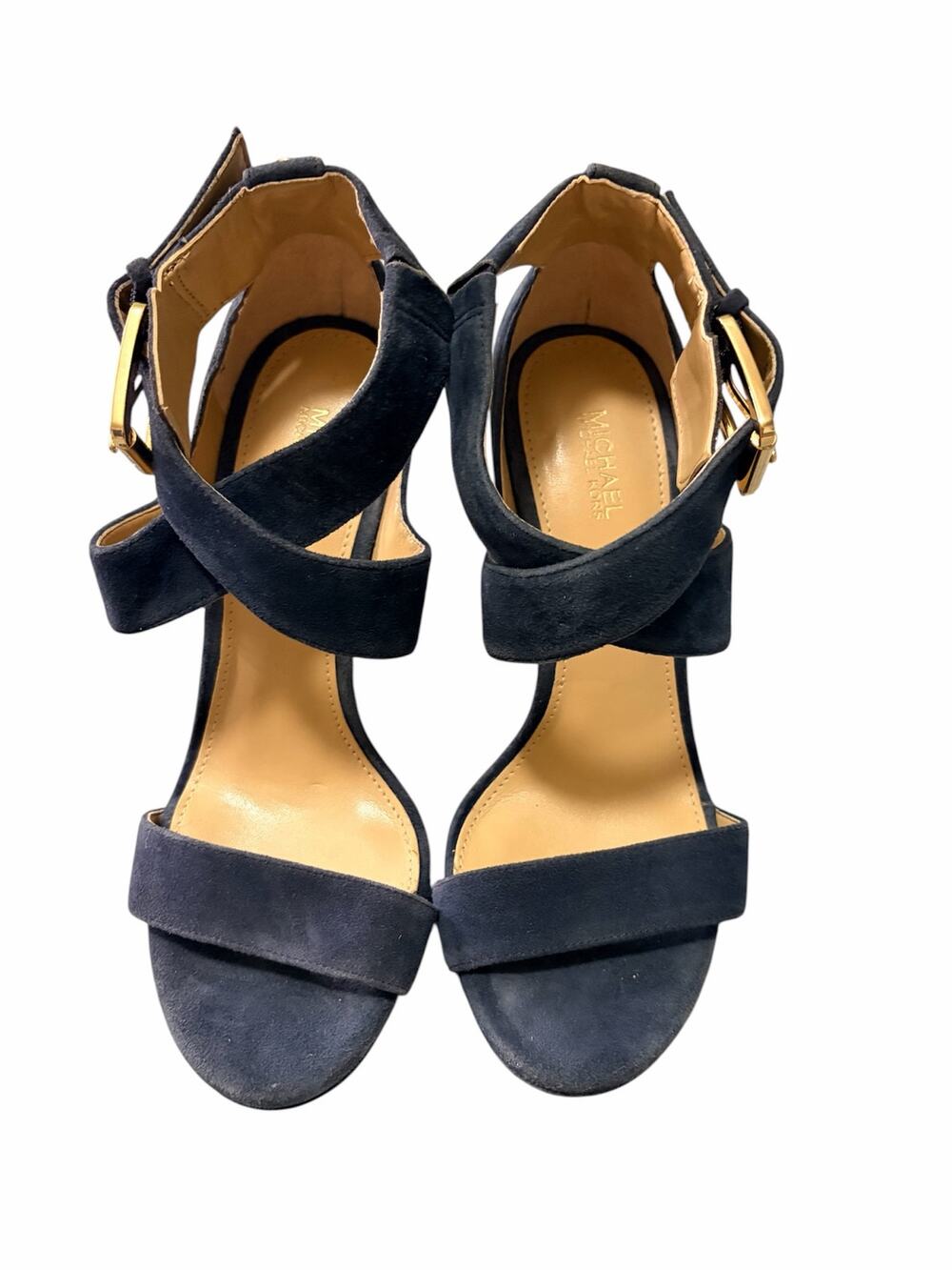 Michael Kors Navy Blue Suede Gold Buckle Heeled Sandals